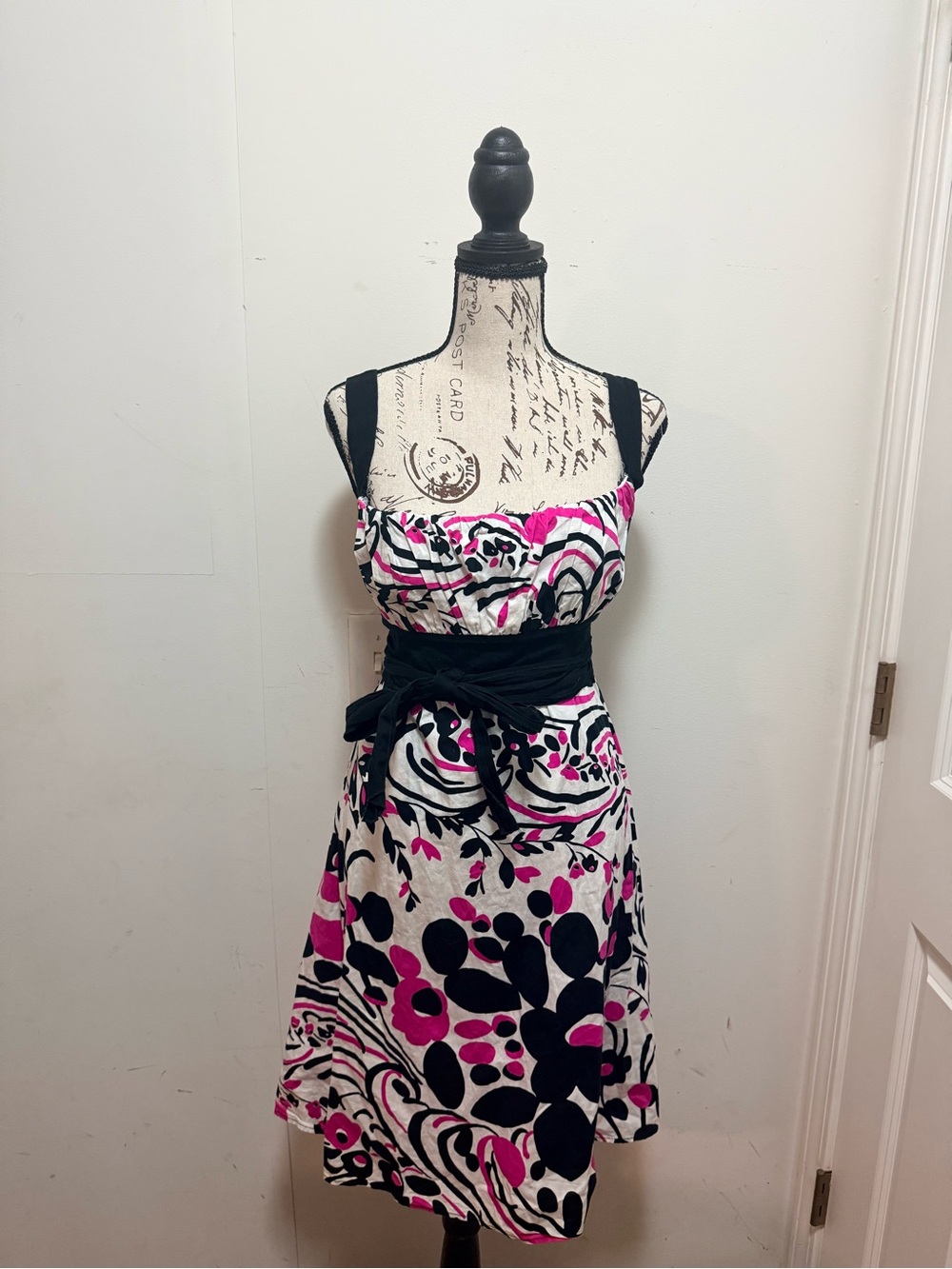 dressbarn Pink, Black & White Floral Midi Dress with Waist Tie